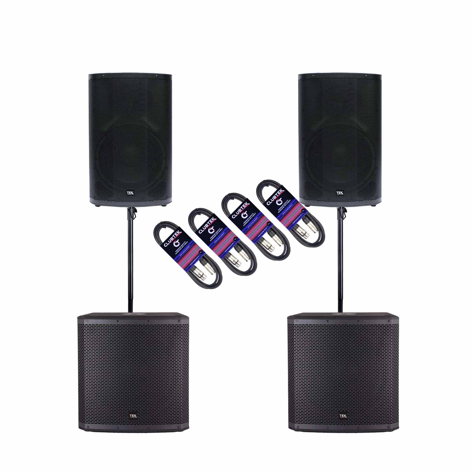 Pair of TEK Audio TEK12v2 1600W 12" Active Speakers, Pair of TEK15S active sub 2200W with free Poles & Cables