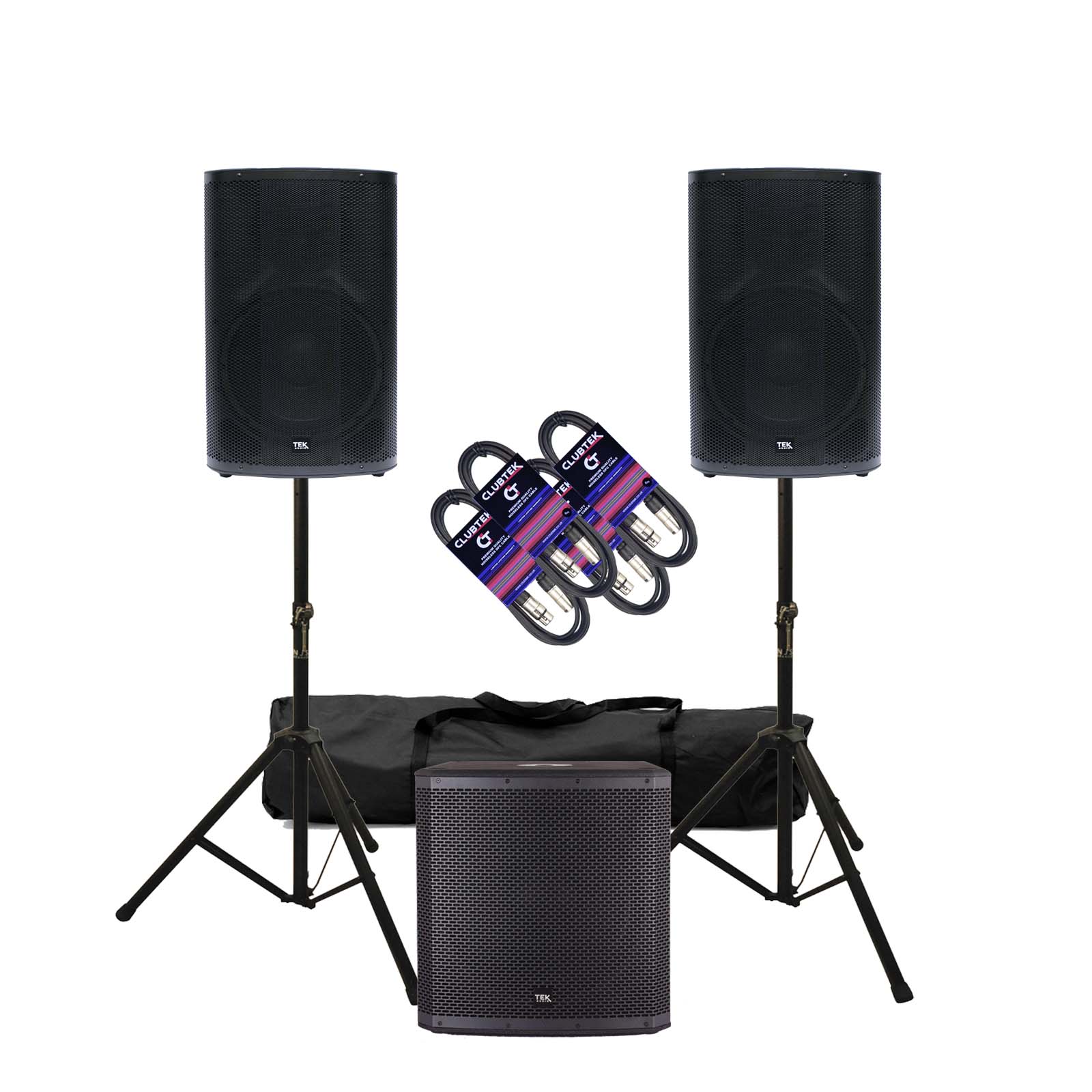 Pair of TEK Audio TEK12v2 1600W 12" Active Speakers, One TEK15S active sub 2200W with free Stands & Cables